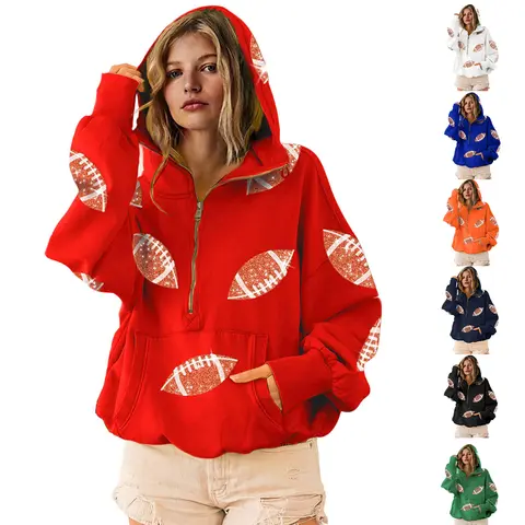 Mundoven Women's Oversized Game Day Hoodie - Lady's Casual Longsleeves Top, Half-Zip Pullover with Sequins Football Print, Kangaroo Pocket, Women's Clothes Sweatshirt,summerwins summerwins