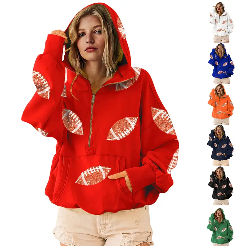 Mundoven Women's Oversized Game Day Hoodie - Lady's Casual Longsleeves Top, Half-Zip Pullover with Sequins Football Print, Kangaroo Pocket, Women's Clothes Sweatshirt,summerwins summerwins