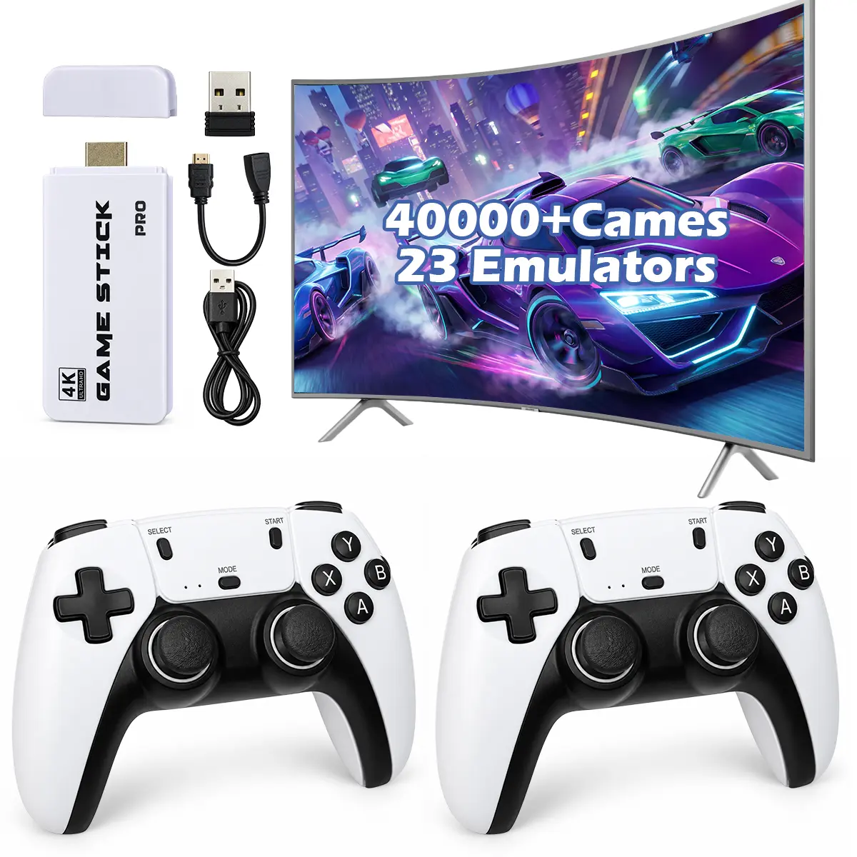 2026 Retro TV Game Console Stick with 40,000 Built-in Games, 23 Emulators, 2 Wireless Controllers, HDMI Output, Easy Plug-and-Play for TVs & Monitors