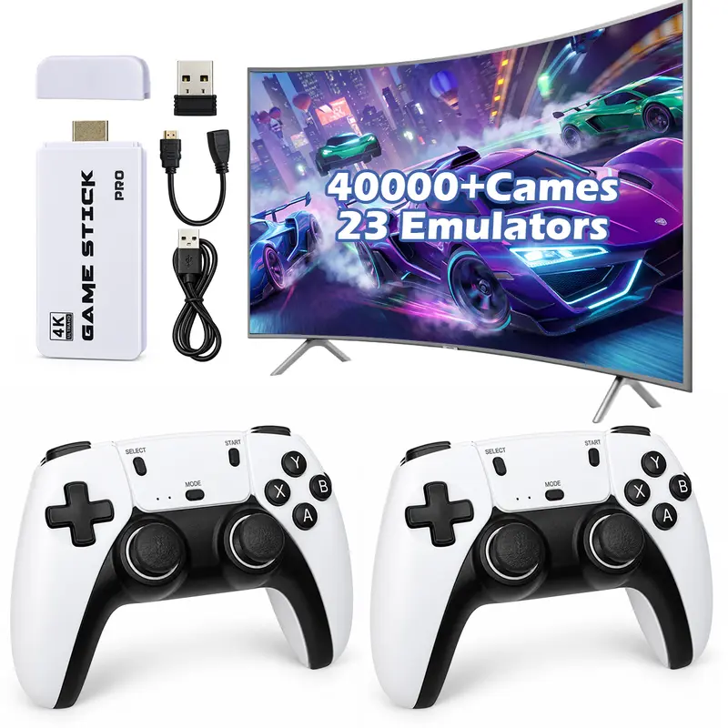 2026 Retro TV Game Console Stick with 40,000 Built-in Games, 23 Emulators, 2 Wireless Controllers, HDMI Output, Easy Plug-and-Play for TVs & Monitors