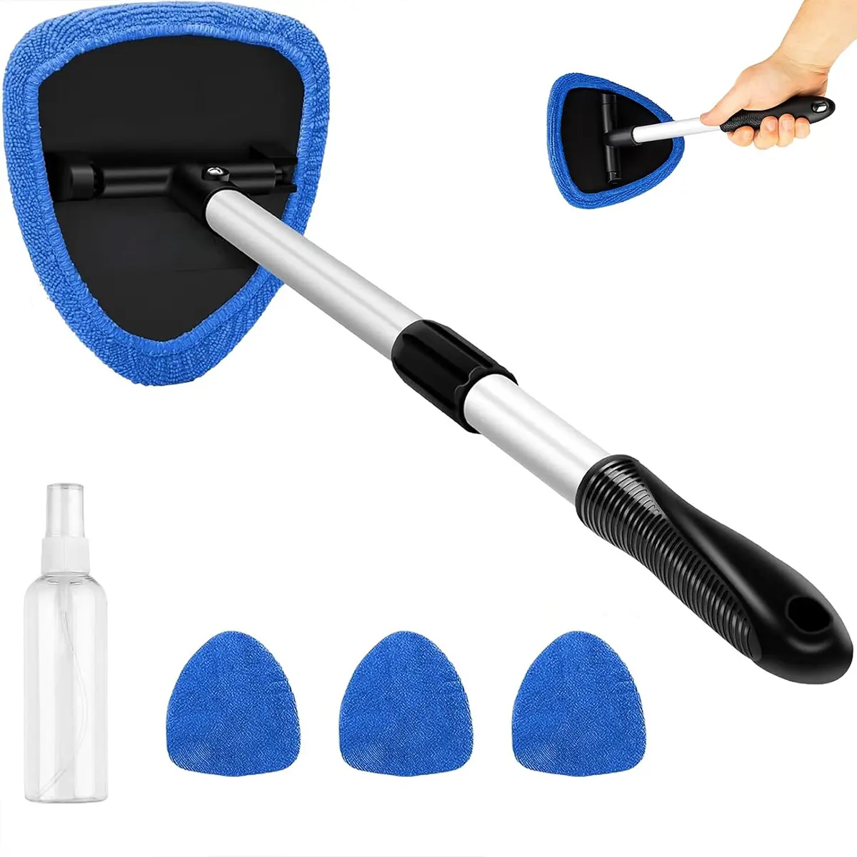 Windshield Cleaner Tool, Microfiber Car Window Cleaning Tool with Extendable Handle & 3 Cloth Pad Head, Auto Interior Exterior Glass Wiper Car Glass Cleaner Kit, Car Detailing Accessories