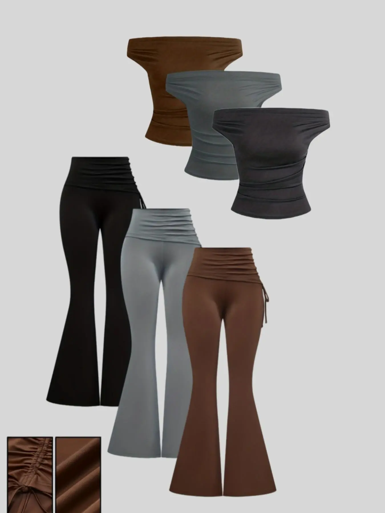 Fashionable Casual Solid Color One Shoulder Commuter Slimming Foldover Drawstring Leg Shaping Wide Leg Pants Top Two Piece Set