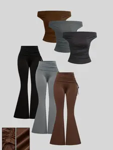 Fashion Casual One Shoulder Commuter Slim Fit Foldover Drawstring Leg Shaping Wide Leg Pants Two Piece Set