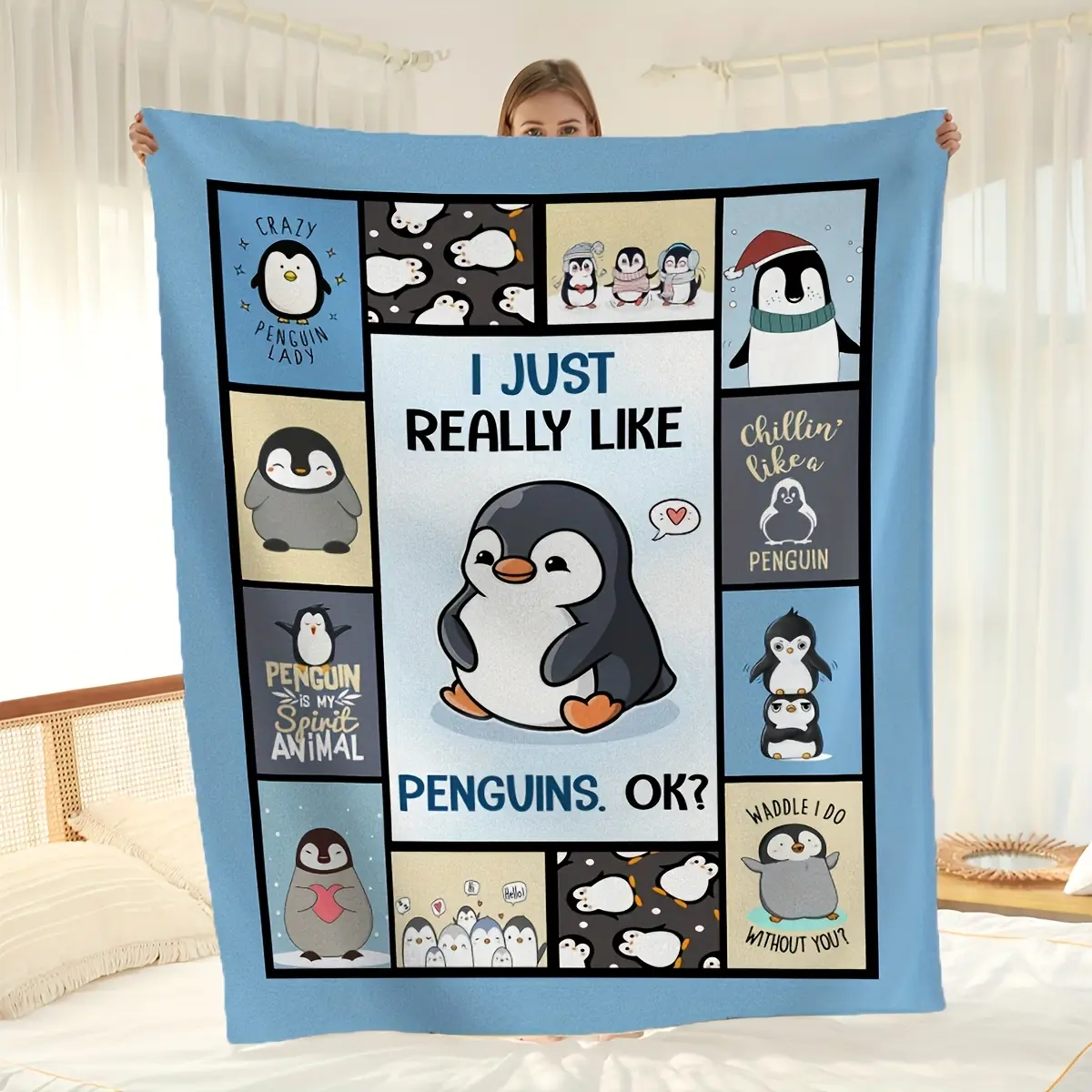 1pc Classic Polyester Fibre Flat Weave Wrinkle-Free Reversible Penguin Print Flannel Blanket, Soft Warm Fun Cartoon Design, All-Season Bedding Throw for Sofa, Office Use, Warm & Cozy Blankets