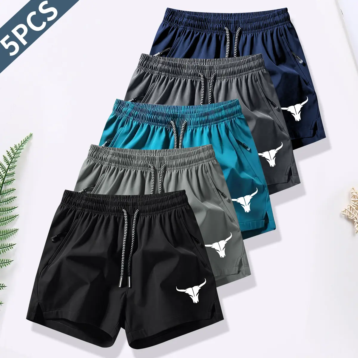 Pack of 5 Sports Drawstring Shorts with Secure Zipper Pockets - Men's Solid Color Drawstring Pocket Shorts, Men's Clothing, Summer Casual Stretch Waist Shorts, Back-to-School Season Apparel, Breathable Everyday Wear for Men Elastic Drawstring Jogger Short