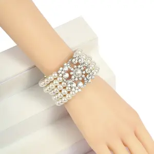 Vintage Multi-layer Pearl Diamond-embedded Bracelet, Elegant Bangle Matching Evening Dresses for European and American Cross-border Style