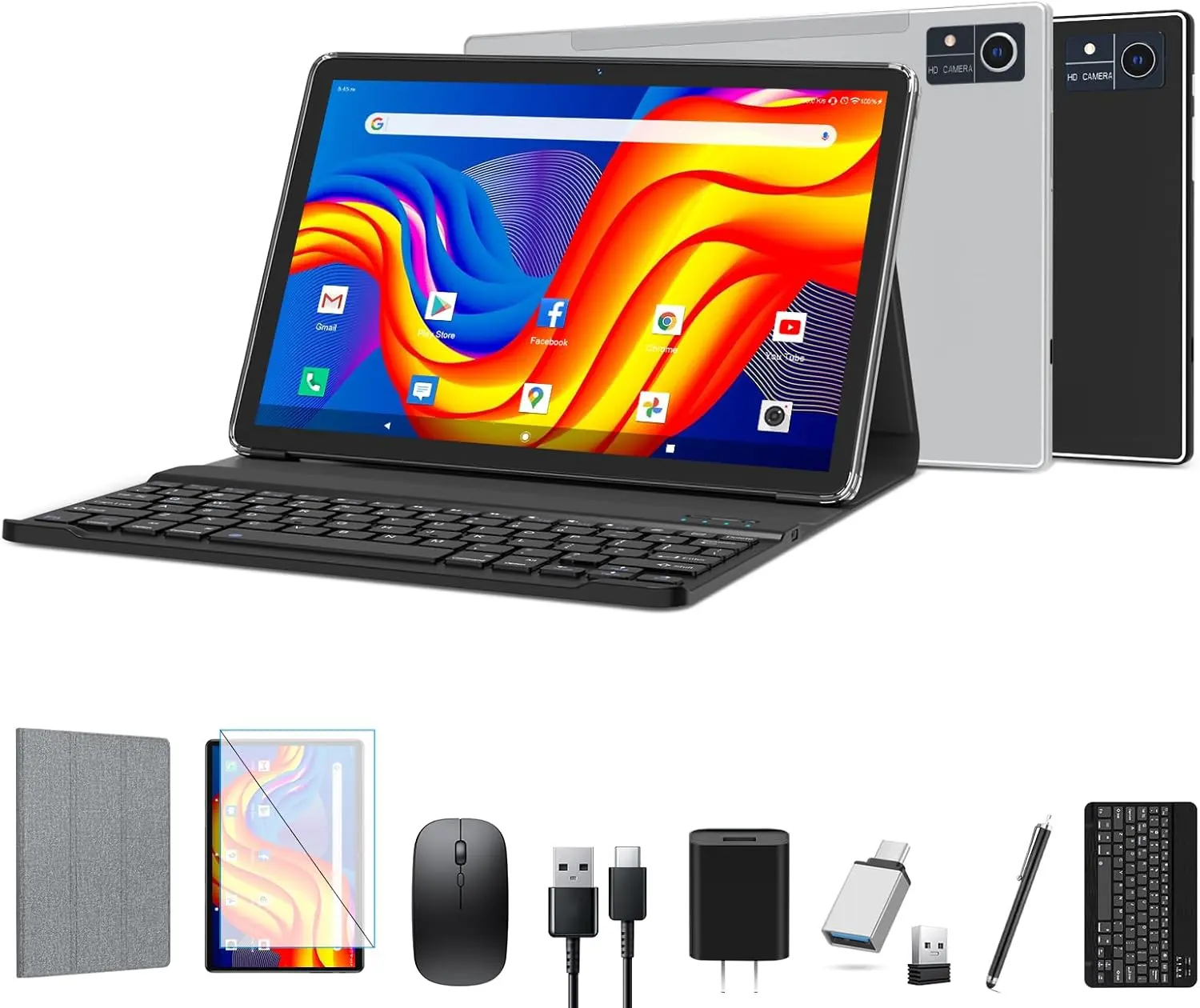 2026 Latest 10 inch Android Tablet with Keyboard, Mouse, Case, 16GB RAM, 128GB Expandable ROM (TF 1TB Expand), Octa-Core, 5G WiFi, 1080FHD Display, 13MP+8MP Cameras, Bluetooth5.0, GPS, Wireless Charging, Black