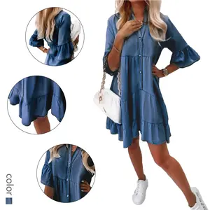 Light Blue Denim Tiered Dress for Women - Ruffle Sleeve Button Front Jean Dress