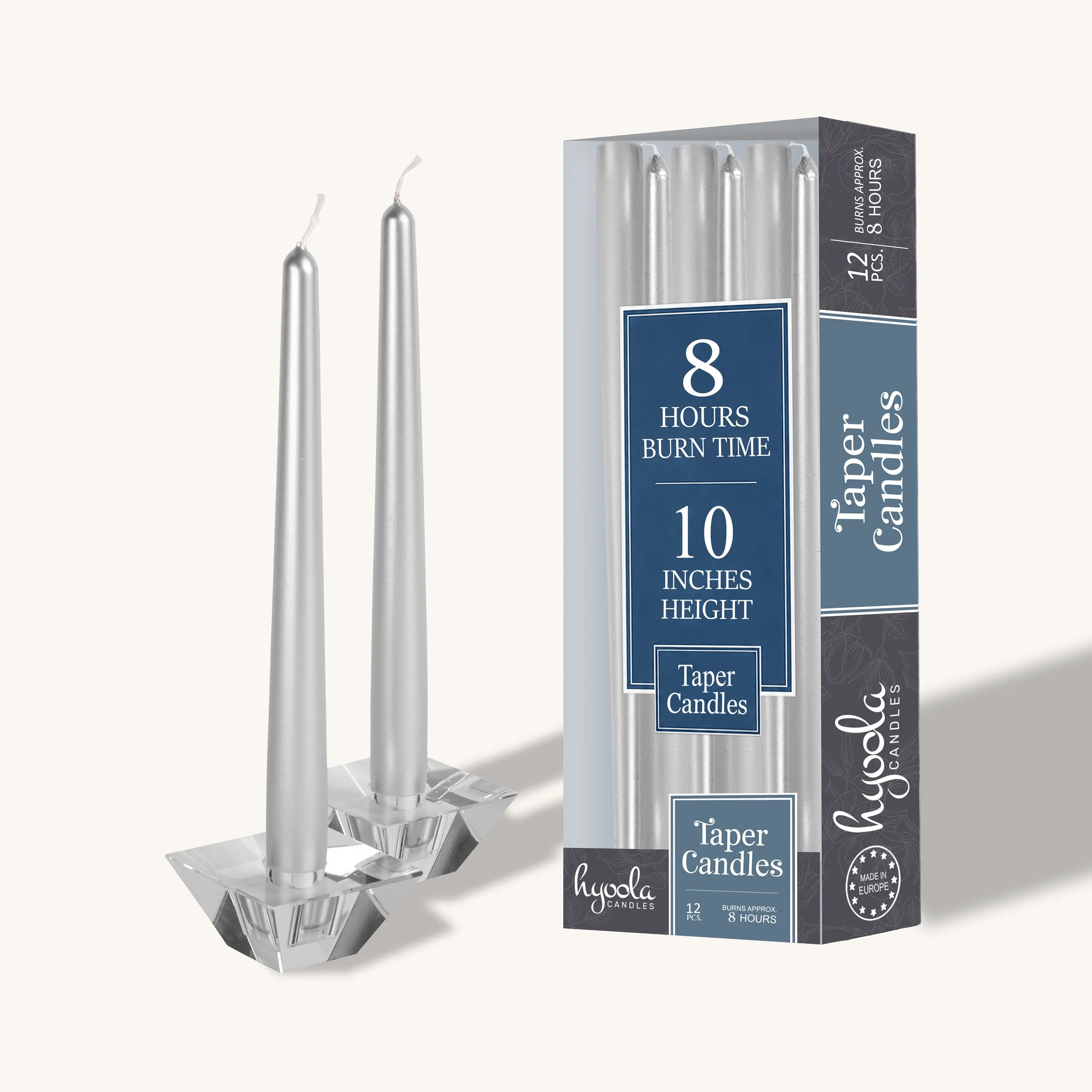 Metallic Silver Taper Candles - 10 in, 12 Pack, Unscented Home Decor Candles for Lighting Up Your Space