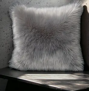 Soft Grey Faux Fur Pillow, Fluffy Rectangle Decorative Throw Cushion