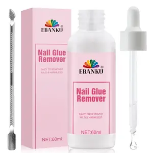 EBANKU 60ML Nail Glue Remover, Press On Nail Remover Quick Easy Removal, False Nails Adhesive Debonder with Cuticle Pusher, Non-Acetone Gentle Off for False Tips