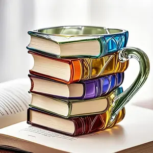Creative Book Theme Coffee Cup, Open Book Design, Hand Drawn Spine, Reusable Gift for Readers Writers Teachers, Resin Desktop Mug Craft