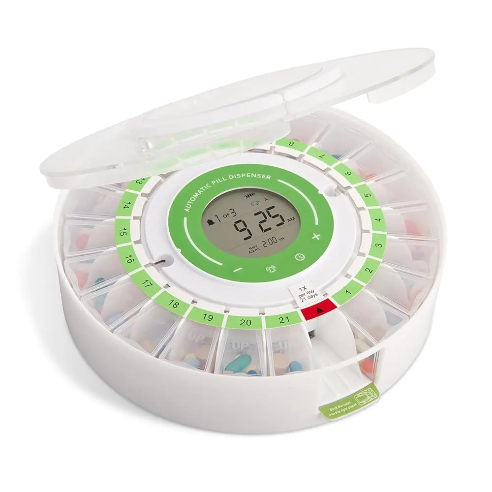 LiveFine Automatic Pill Dispenser for Seniors with LCD Display, Sound & Light Alerts, 21 Compartments, Key Lock, Removable Cups