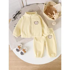 Baby Girl Autumn/Winter Yellow Furry Embroidered Zipper Jacket & Pants Set for Newborns, Casual and Warm Two-Piece Outfit for Outings