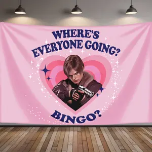 Where are all of you going? The 2D customized design of "Resident Evil" features emotionally expressive anime characters, a gun, and a pink heart-shaped background. It is perfect for room decoration or event backgrounds. Machine washable, fade-resistant,