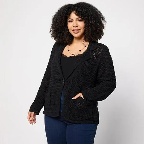 Jaclyn Smith Notch Collar Crochet Sweater Blazer