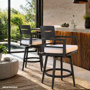 Modern Barstool Set, 2-Piece Outdoor 360° Swivel Patio Bar Chairs with Aluminum Ember Black Frame, Ergonomic Backrest, Armrests, Tapered Legs, Sunbrella Cushion, Weather-Resistant Durable Furniture