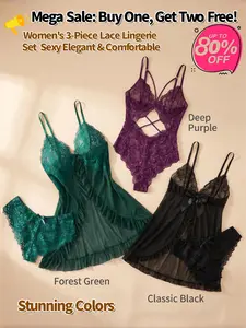 Women's 3-Piece Sexy Lace Lingerie Set – Babydoll Sleepwear Bundle, Sheer Mesh Chemise & Teddy