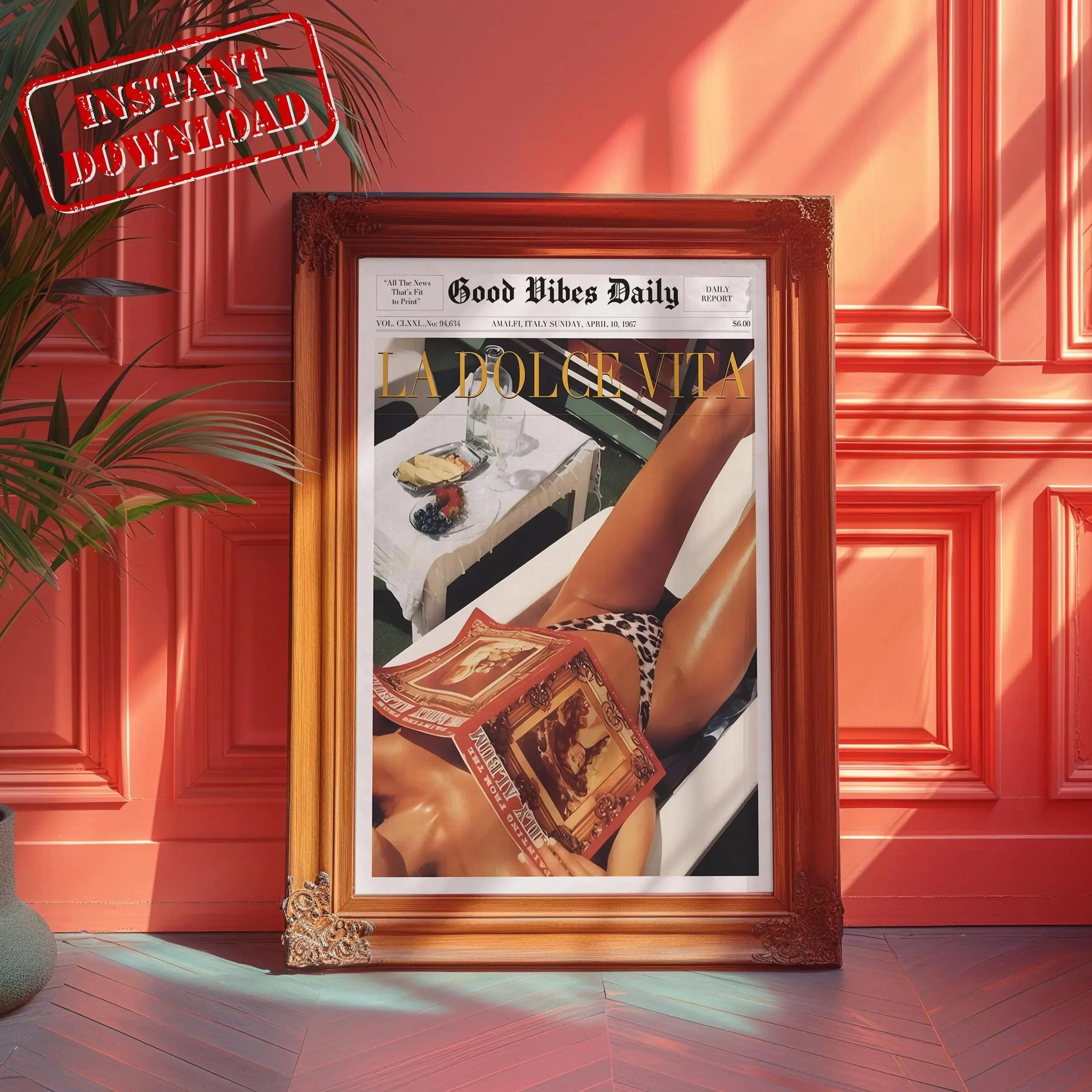 La Dolce Vita Print | Digital Download | Vintage Newspaper Style Poster | Retro 60s Wall Art | Old Money Aesthetic | Beach Vibe Decor