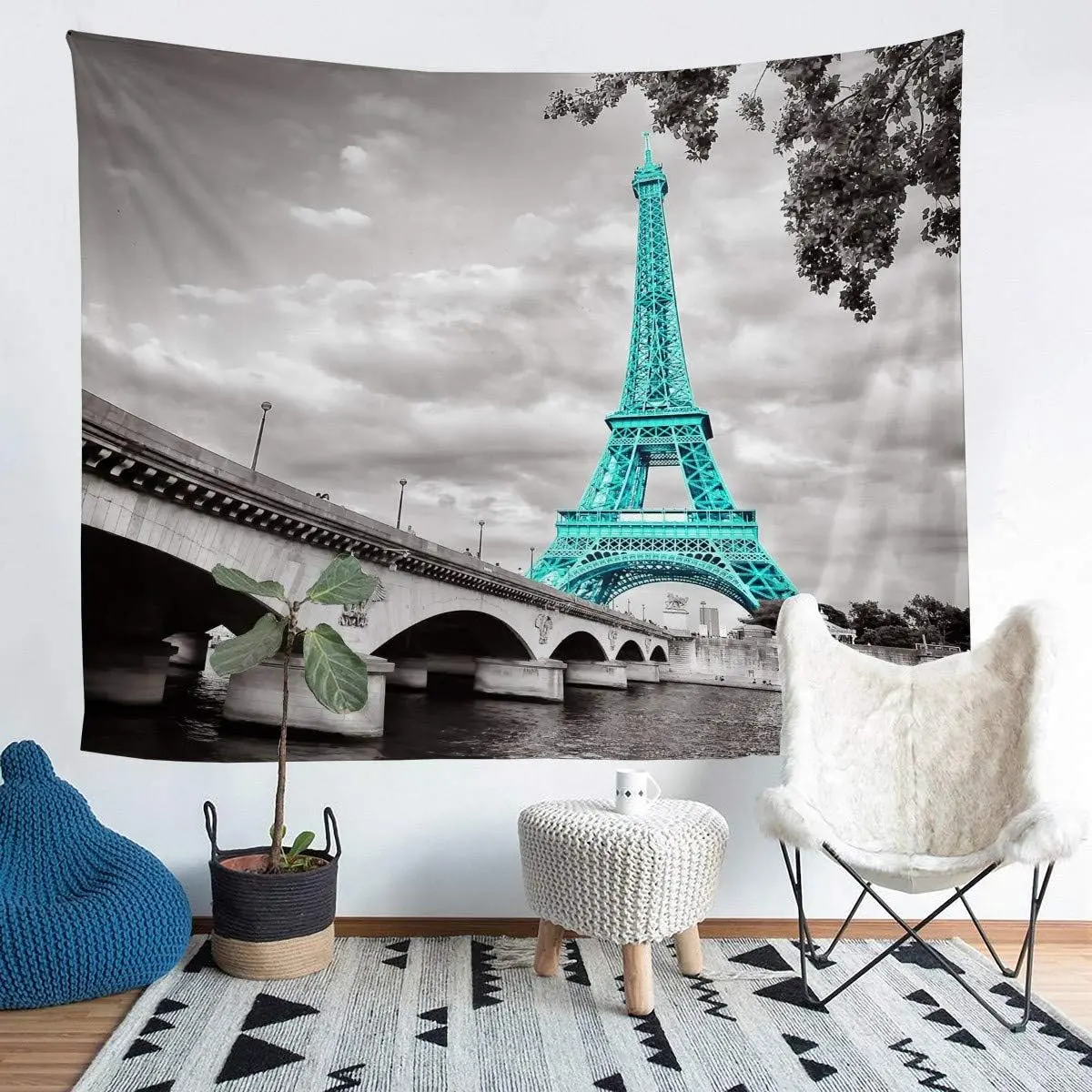 Eiffel Tower Wall Blanket,Chic Paris Cityscape Wall Hanging,Gray French Teal Eiffel Tower Tapestry,Retro Wall Art for Living Room Decor Lightweight, Wall Tapestries, Home Decor Supplies