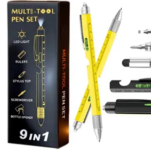 Multifunctional Tool Pen, 1 Set Portable 9-in-1 Ballpoint Pen with LED Light & Accessories, Multifunctional Writing Instrument, Metal Pens [Package List as Picture Shown], Office Supply Black or Yellow