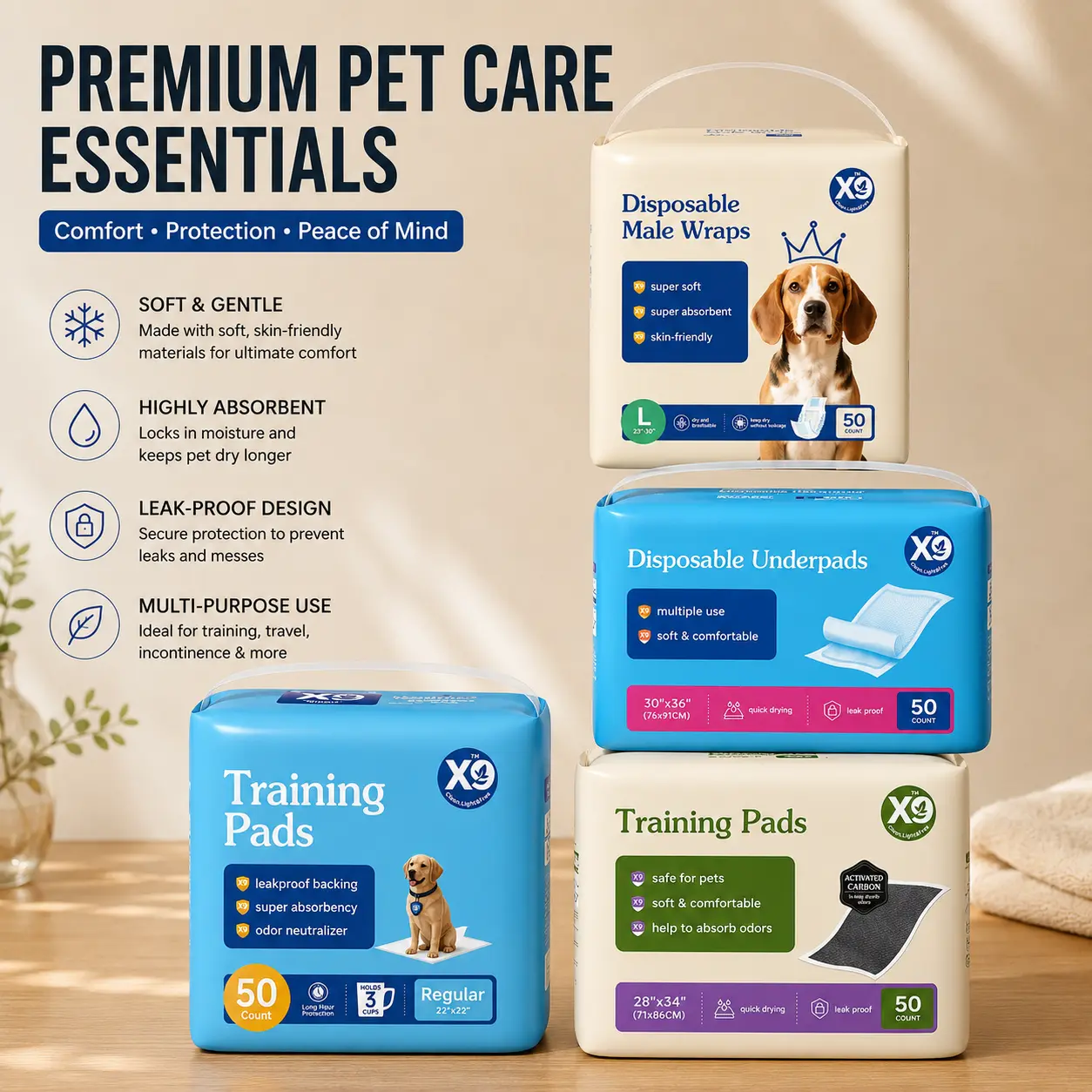 X9 pet care package: super-absorbent disposable male dog diapers and leak-proof training pads, charcoal activated urine pads, which can neutralize odor, and are ideal for toilet training and incontinence support.