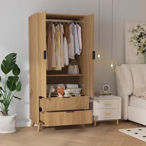 71" Armoire Wardrobe Closet, Modern Wooden Bedroom Armoire with 2 Drawers & 2 Doors and Adjustable Shelves，Clothing Storage Cabinet with Aluminum Hanging Rod, Locker