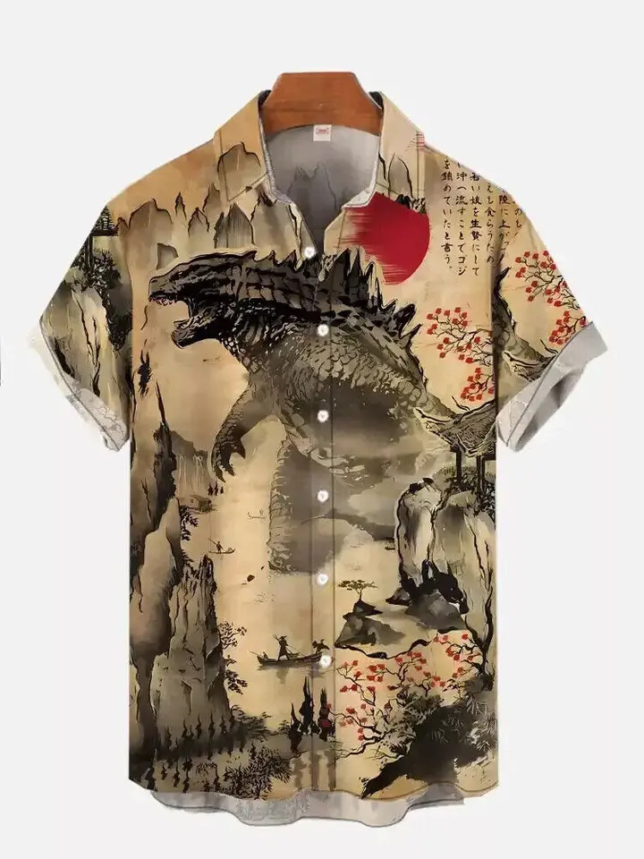 Japanese Classic Movie Godzilla Art Hawaiian Lapel Shirt, Button Down Summer Beach Short Sleeve, Tropical Style, Sizes S-5XL Top Womenswear