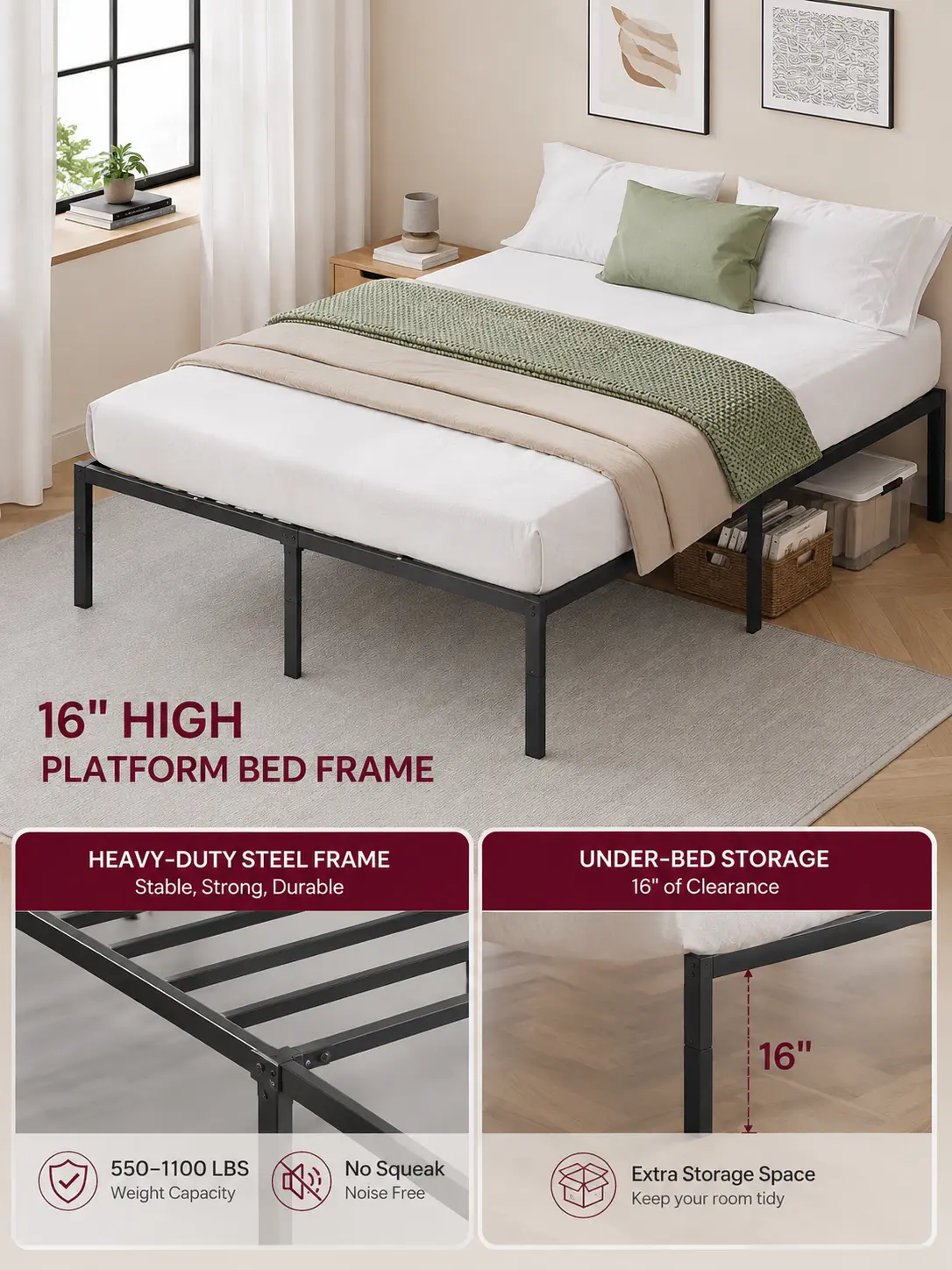 16-Inch Heavy-Duty Metal Platform Bed Frame, Twin/Full/Queen/King Size, 550–1100 lb Capacity, No Box Spring Needed, Under-Bed Storage, Mattress Retainers and Easy Assembly