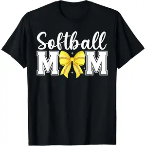 Coquette Softball Bow Softball Mom Mothers Day Softball Mama Summer Casual Shortsleeve Cotton T-Shirt