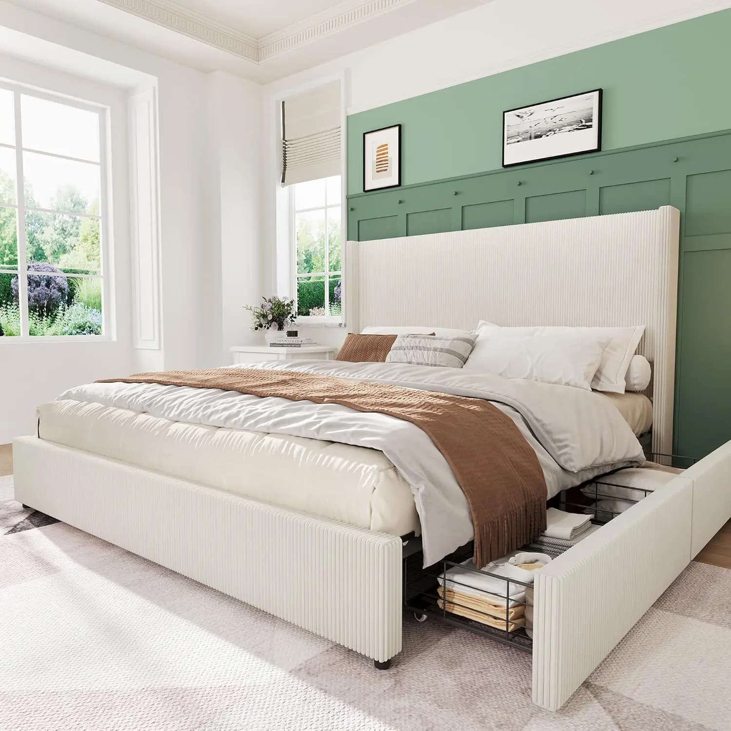 Gaomon Sturdy King Size Wood Corduroy Upholstered Platform Bed Frame with Storage Organizer Compartments, Tufted Winged Headboard, Footboard, No Box Spring Needed, Beige, Walnut Accents, Easy Assembly Required, Reliable Service