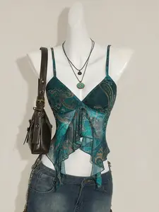 INAWLY  Women's Millennial Y2K Sexy Bohemian Retro Teal Paisley Print Asymmetrical Hem Ruffled V-Neck Slim Fit Camisole