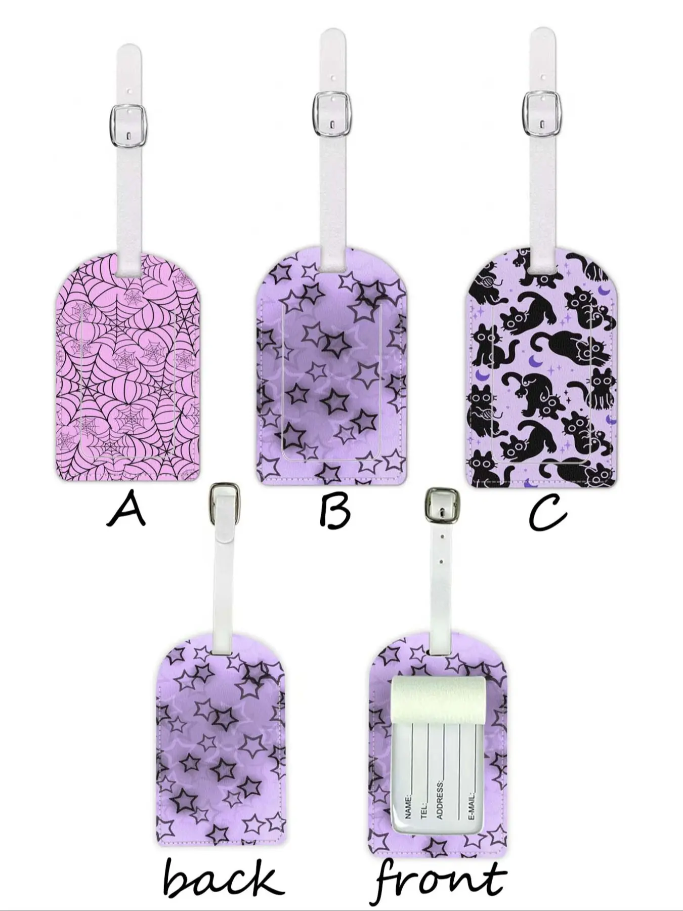 Star Spider Web Cat Pattern Leather Luggage Tag, Waterproof Design, Travel Accessory for Suitcases and Cruises, Name ID Card Included, Bag Charms