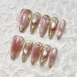 Reusable Pink Buccellati Press on Nails Gel Manicure | Fake Nails | Handmade | Press-on nails | Long-lasting | Fragrance Free | N-29237