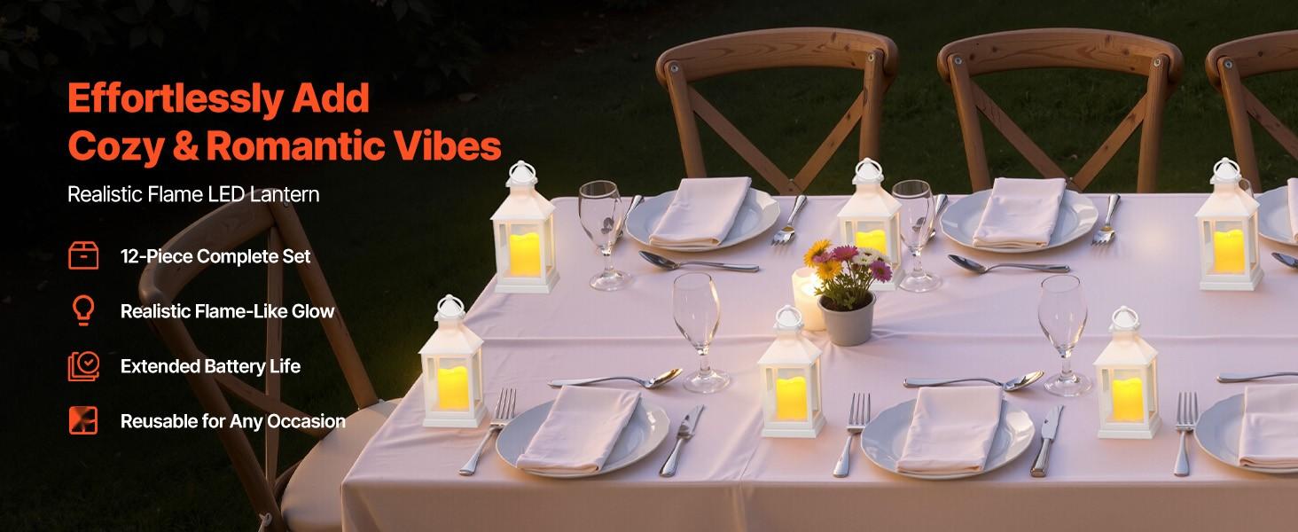 12 Pack Decorative Lanterns with LED Flameless Candles, Plastic Frame and Glass Panels, Wall Hanging Indoor Porch Lanterns for Wedding Tables and Party Decor, Farmhouse Style White