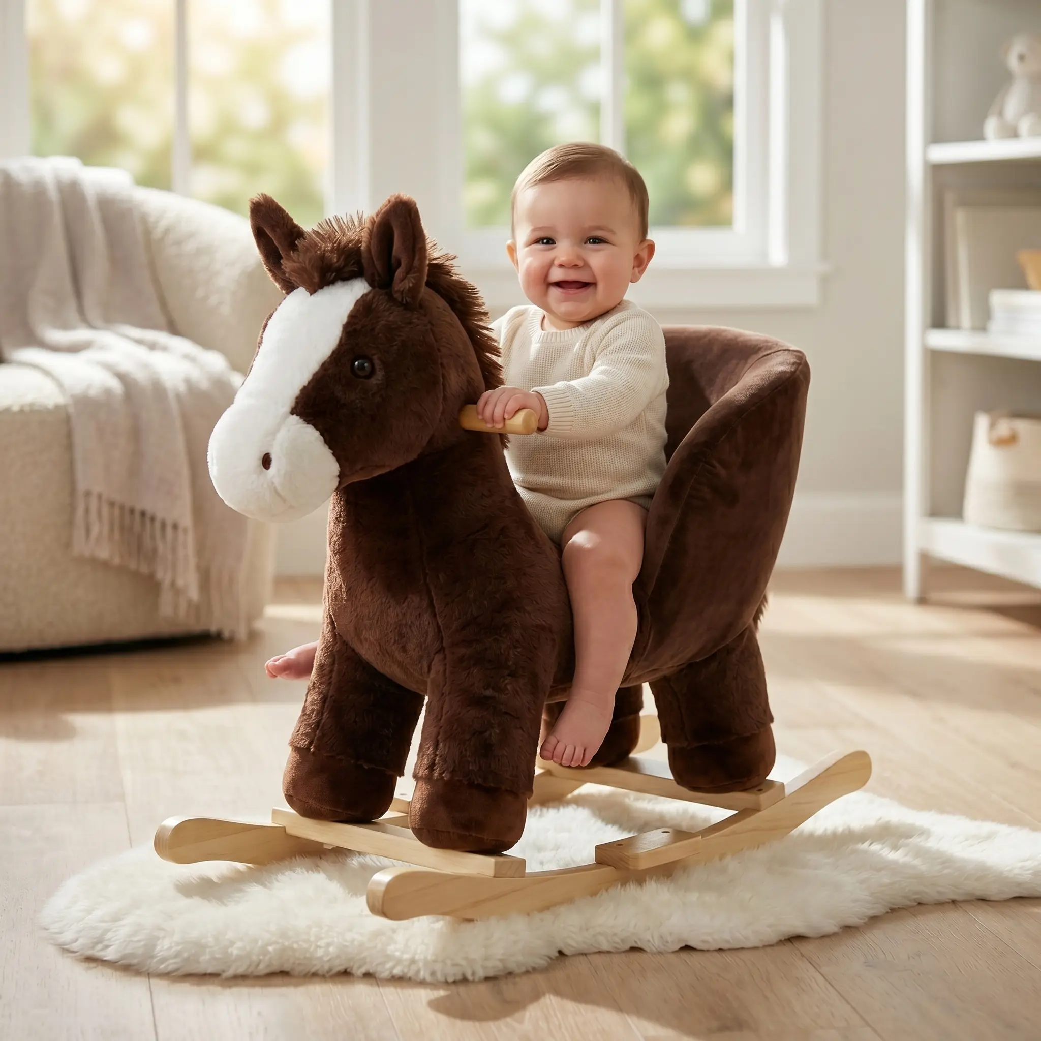 Premium Wooden Rocking Horse for 1-3 Years Old Toddlers - Sturdy Plush Stuffed Fabric, Backrest, Safety Belt, Horse Sound, Steel Frame, Brown Checkered Ride-On Toy with Seat for Nursery, Playgrounds