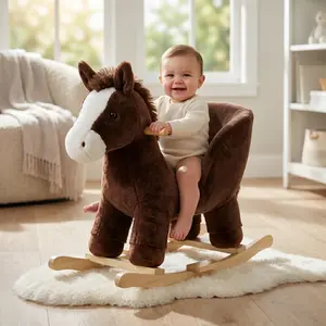 Premium Wooden Rocking Horse with Backrest, Safety Belt, Soft Stuffed Animal Design, Sound Feature & Seat for 1-3 Year Old Toddlers & Infants, Brown Checkered