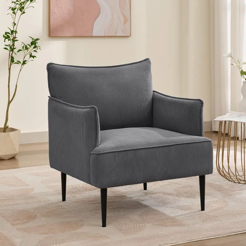 Dark Gray Corduroy Mid-Century Designer Fabric Accent Chair - Single-Seat Comfortable Cushioned Armchair with Rolled Edges, Fluffy Arms, Metal Legs for Living Room, Office Study Furniture Piece, Comfortable Armchairs, Corduroy Armchairs