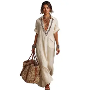 Boho Embroidered Linen Dress - Perfect for Beach, Vacation & Brunch! Casual V-Neck Short Sleeve Pocket Maxi Dress # MaxiDress # LinenDress # EmbroideredDress # BohoFashion # SummerDress # VNeckDress # WithPocket # Outfit of the Day # WomensFashion