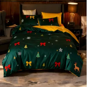 Christmas Winter Bedding Set, Includes Duvet Cover and Two Pillowcases, Christmas Tree Bow Deer Print Dark, Single Double Queen Size, Soft Bedding Sets