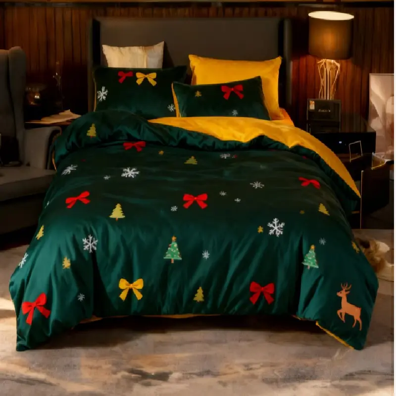 Christmas Winter Bedding Set, Includes Duvet Cover and Two Pillowcases, Christmas Tree Bow Deer Print Dark, Single Double Queen Size, Soft Bedding Sets