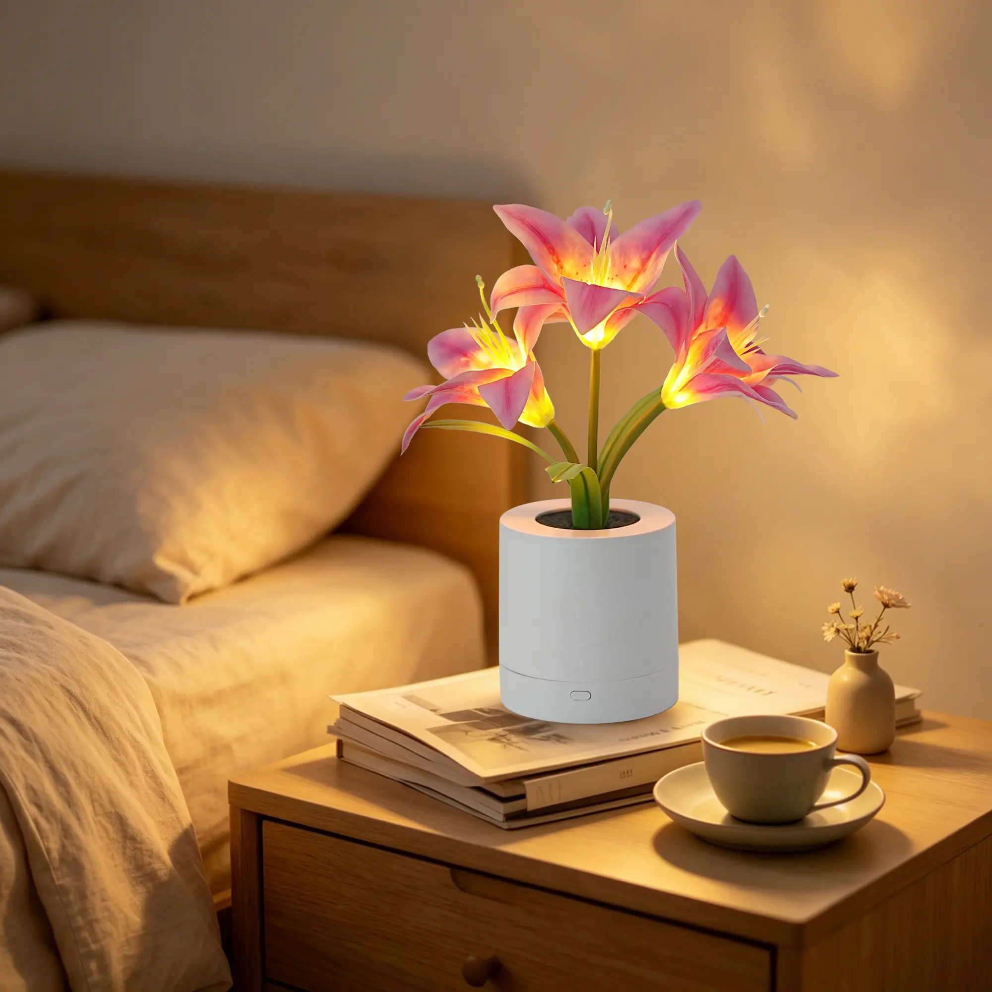 Artificial Lily Flower Lamp, LED Potted Lily Table Light, USB Rechargeable Flower Bonsai Night Light, Dimmable Warm Ambience Desk Lamp, Aesthetic Gift for Women Home Decor
