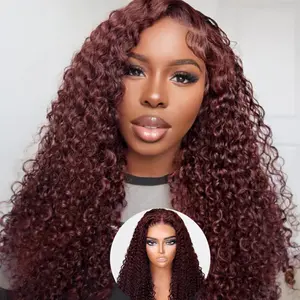 CurlyMe Wear Go Water Wave Reddish Brown Color Hair Pre-cut Lace Front Wig Pre-Plucked 180% Density 7x5 Lace Cap Size 22.5 Inch Real Invisible Lace Piano Keys Elastic Band