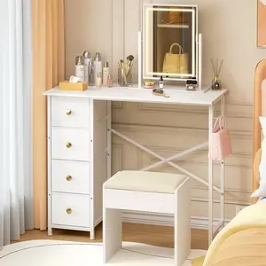 Small White Makeup Vanity with 4 Fabric Drawers, 35.4' Dressing Table for Girls' Bedroom, No Mirror