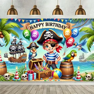 1pc Pirate-Themed Birthday Party Backdrop Banner - Vibrant Polyester Wall Decor with Treasure Chest, Skulls, and Balloons, Perfect for Living Room, Bedroom, Office, or Outdoor Celebrations, No Electricity Needed, 243.84x182.88cm White