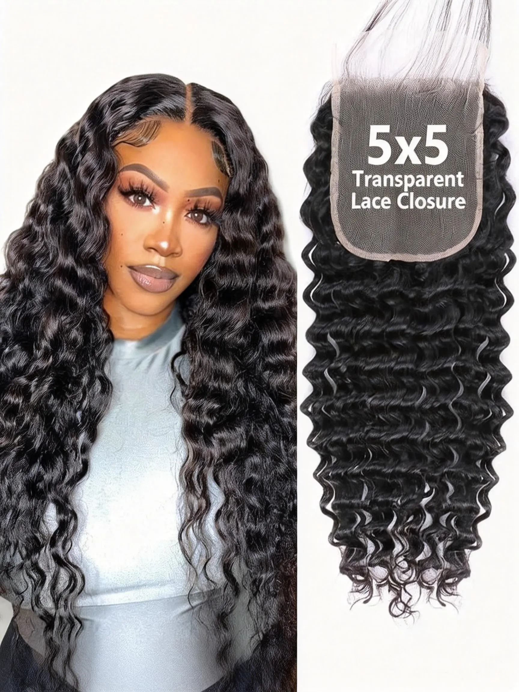 5x5 HD Lace Deep Wave Closure, Ultra-Thin Transparent Lace, Brazilian Virgin Human Hair, Free Part, Pre-Plucked with Baby Hair, Natural