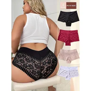 4pcs Plus Size Women's Comfortable Contrast Lace Panties Briefs
