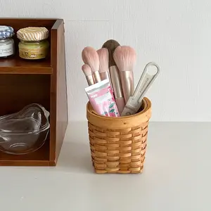 Vintage Woven Pen Holder Makeup Brush Storage Bucket Student Desk Creative Wooden Stationery Organizer
