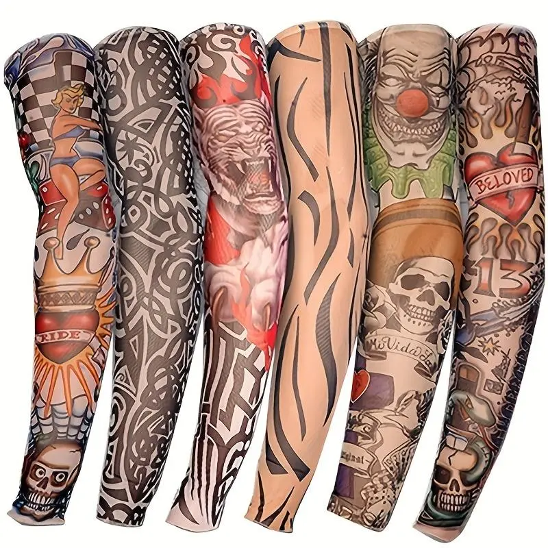 6 Pieces Bicycle Sport Tattoo Arm Sleeves, Protective Arm Sleeves, Outdoor Arm Sleeve, UV Cool Arm Covers for Cycling and Running, Elastic Sports Sleeve Set