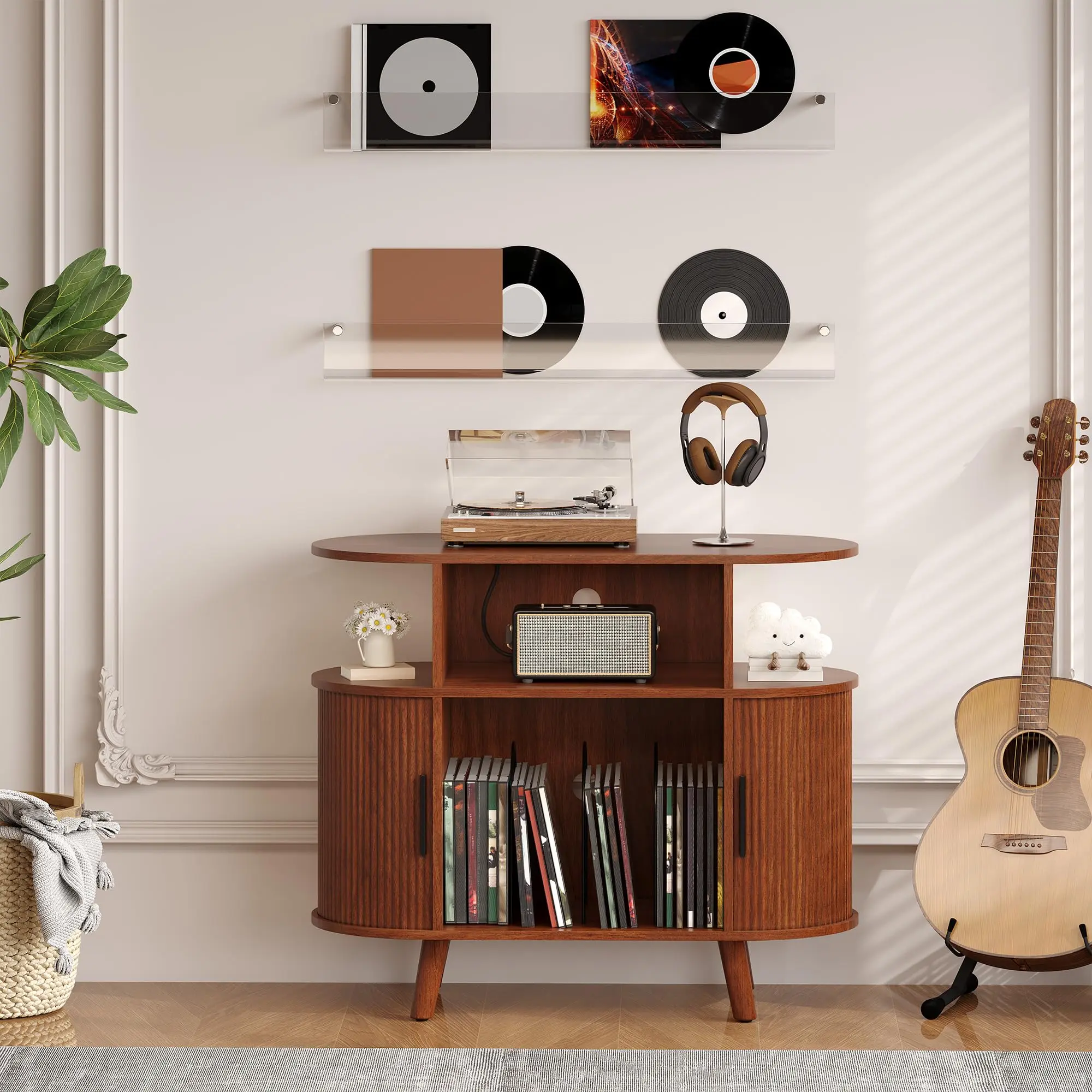 35'' Turntable Cabinet, Arched Wood Record Player Table, Large Round Record Player Stand with Charging Station and Display Shelf, Fluted Mid Century Modern Storage Table for Living Room, Brown